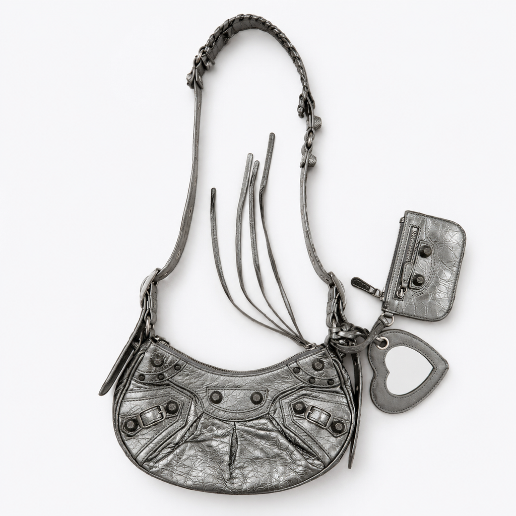 Metallic Silver Moto Shoulder Bag w/ Heart Mirror Charm