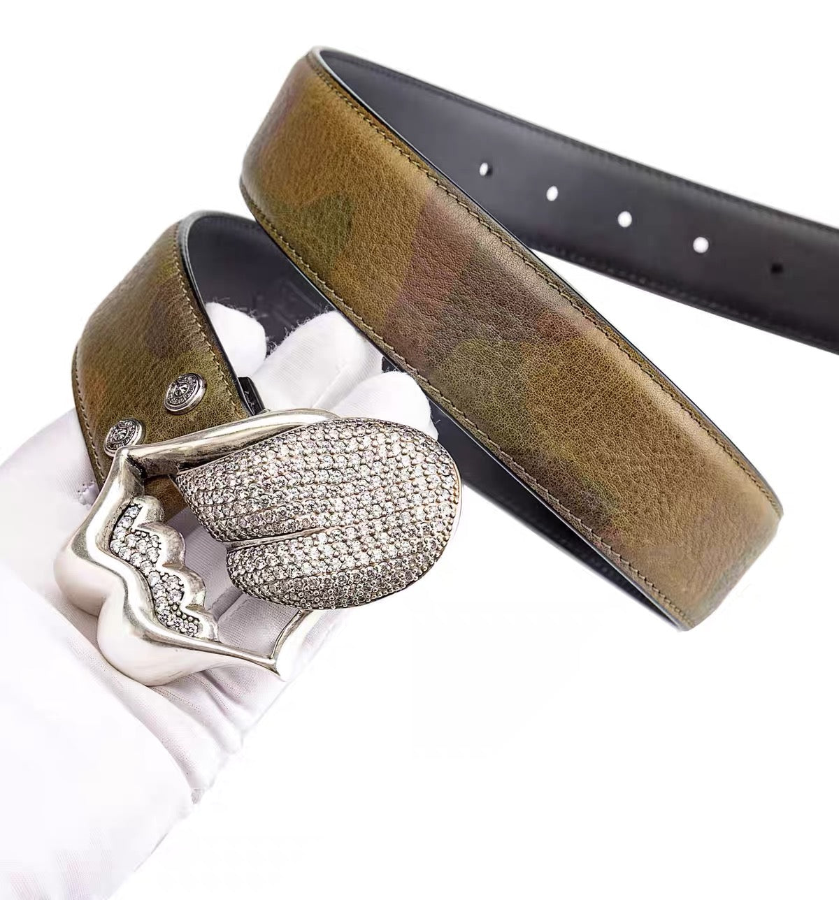 Chrome hearts iced rolling stone tounge lip  belt