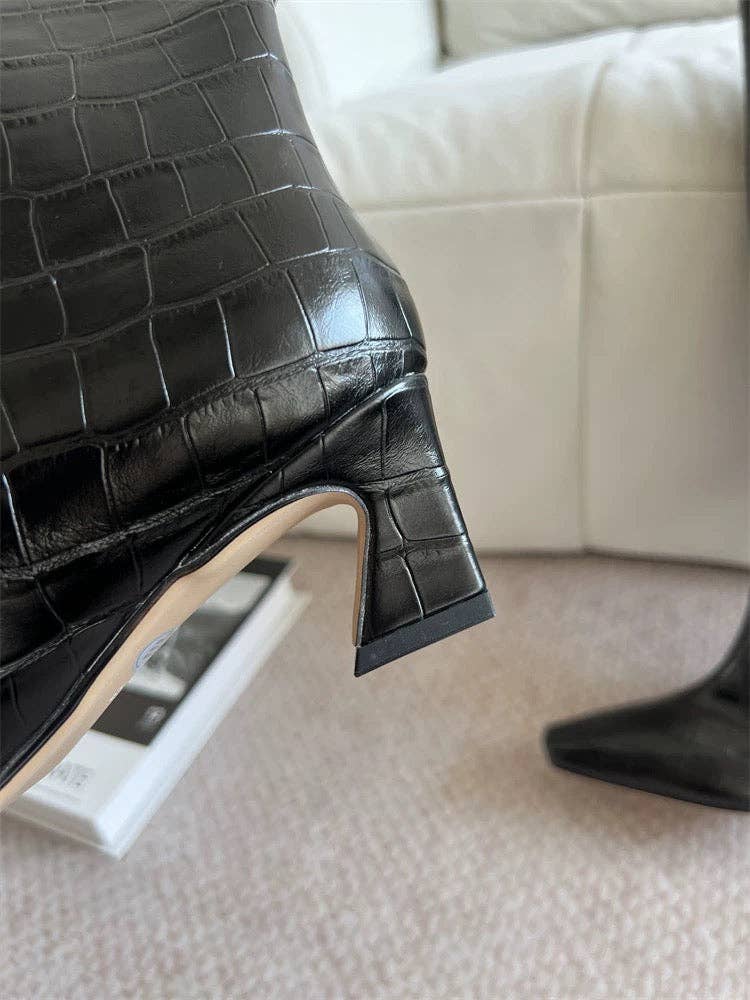 Crocodile-Embossed Leather Knee-High Boots