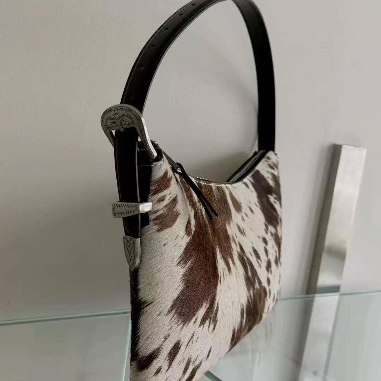 Brown and white cow print shoulder Bags