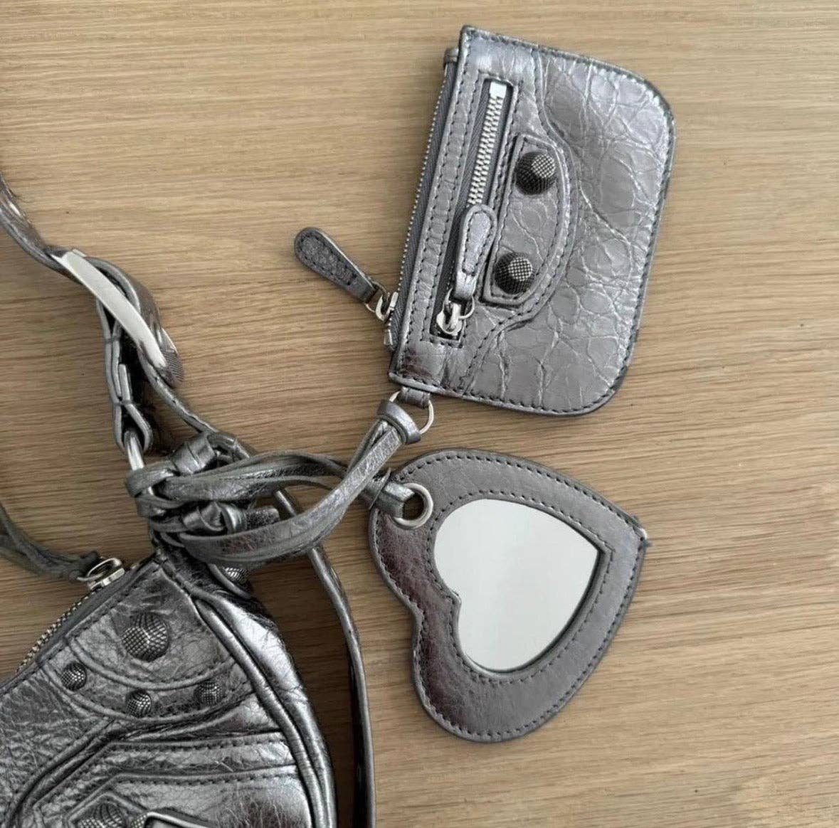 Metallic Silver Moto Shoulder Bag w/ Heart Mirror Charm