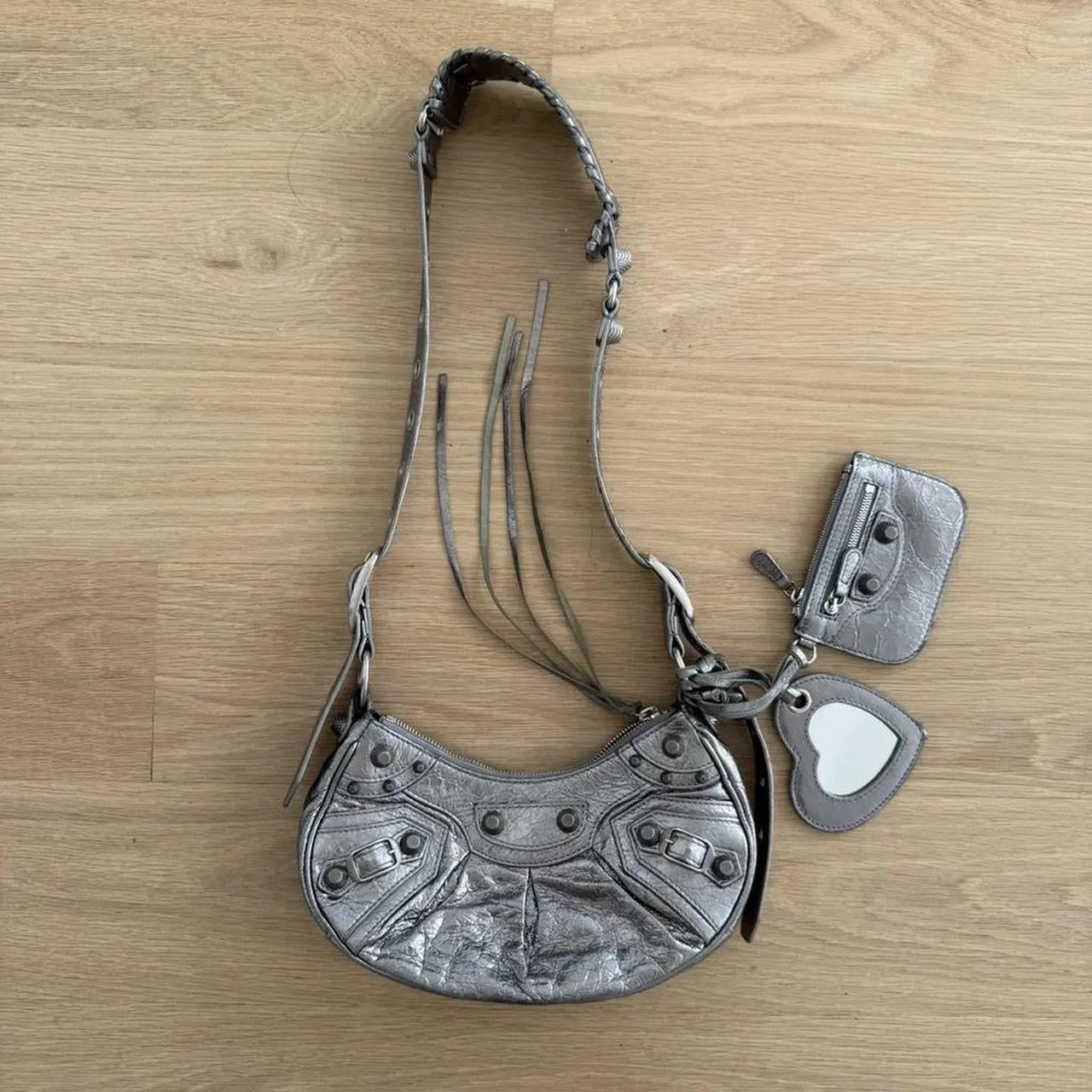 Metallic Silver Moto Shoulder Bag w/ Heart Mirror Charm