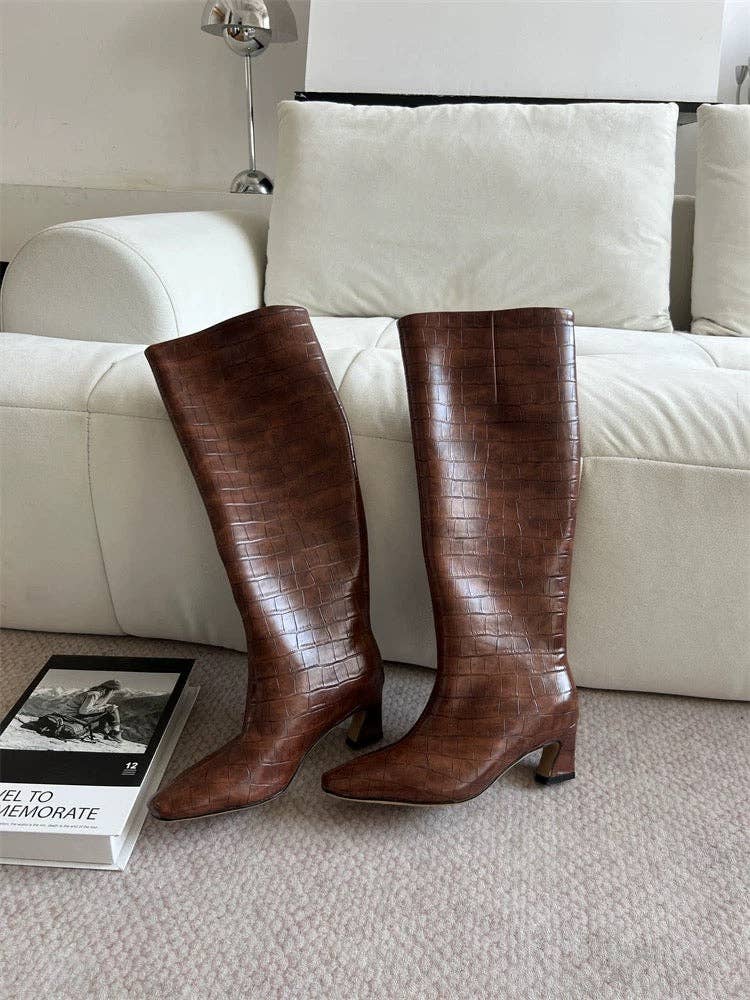 Crocodile-Embossed Leather Knee-High Boots