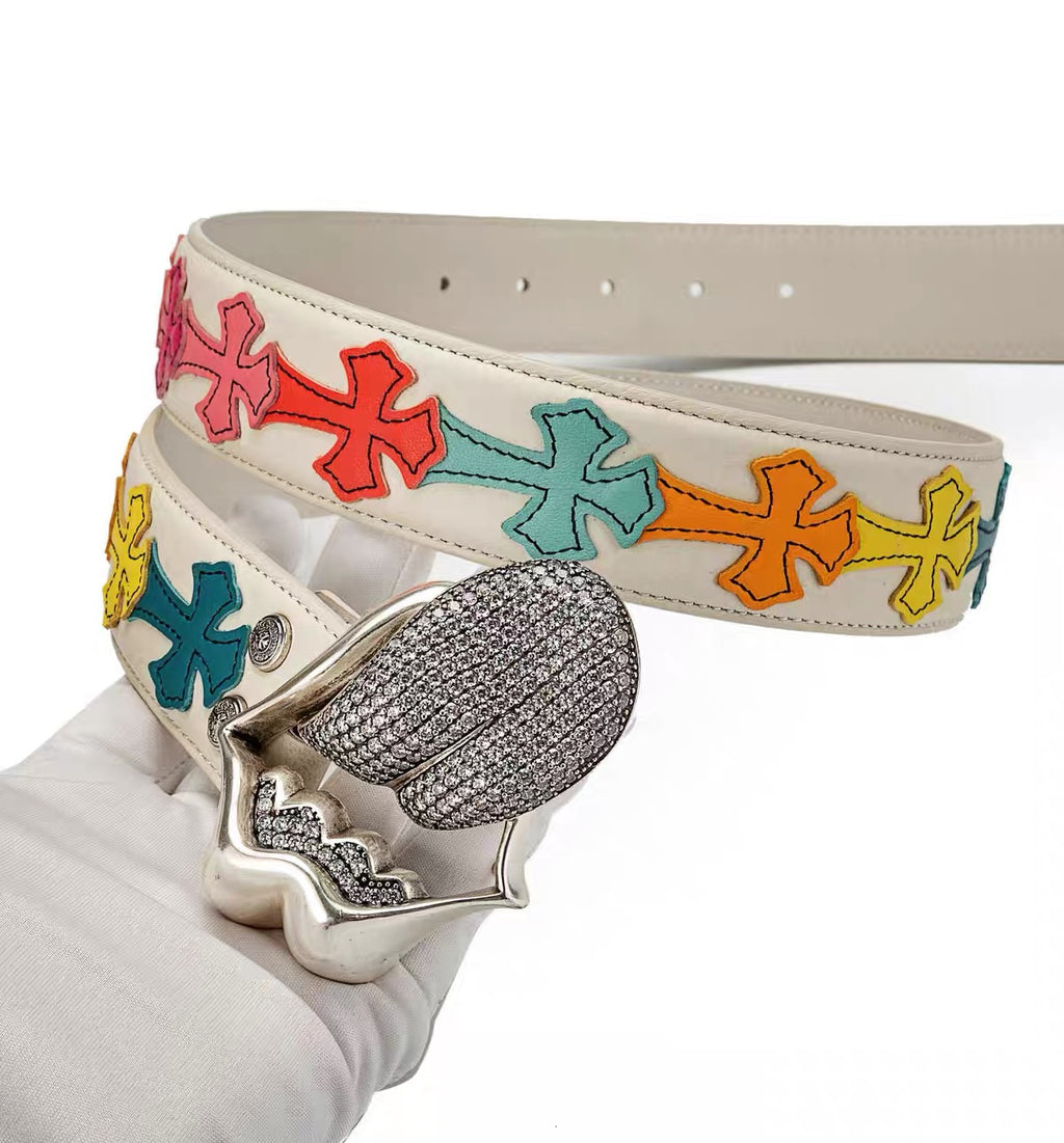 Chrome hearts iced rolling stone tounge lip  belt