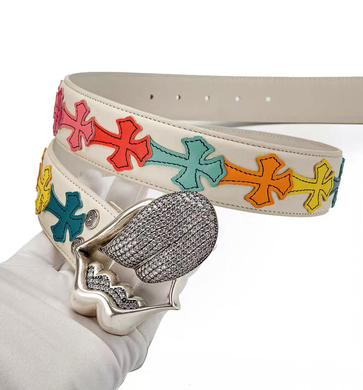 Chrome hearts iced rolling stone tounge lip  belt