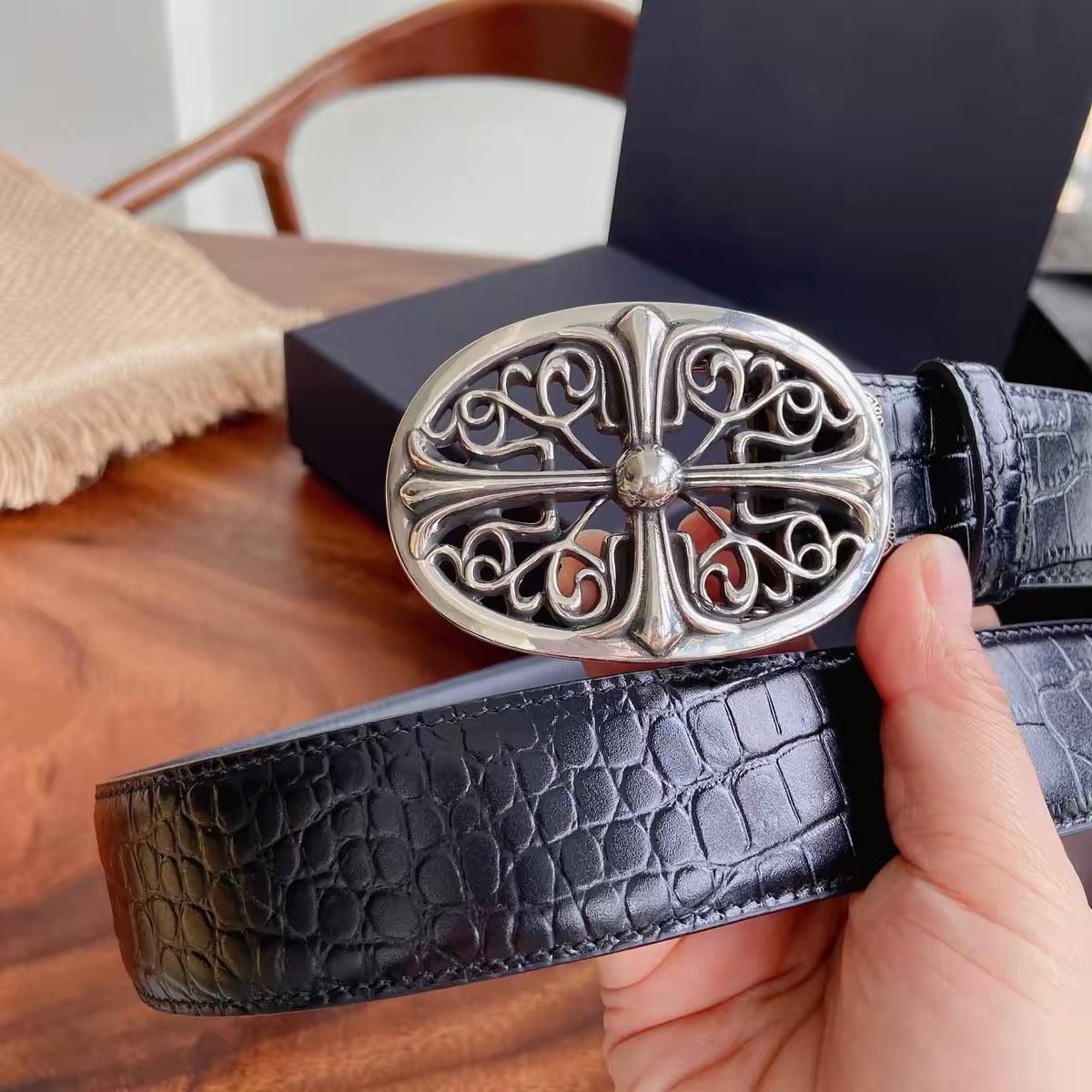 Leather chrome Oval Cross Belt