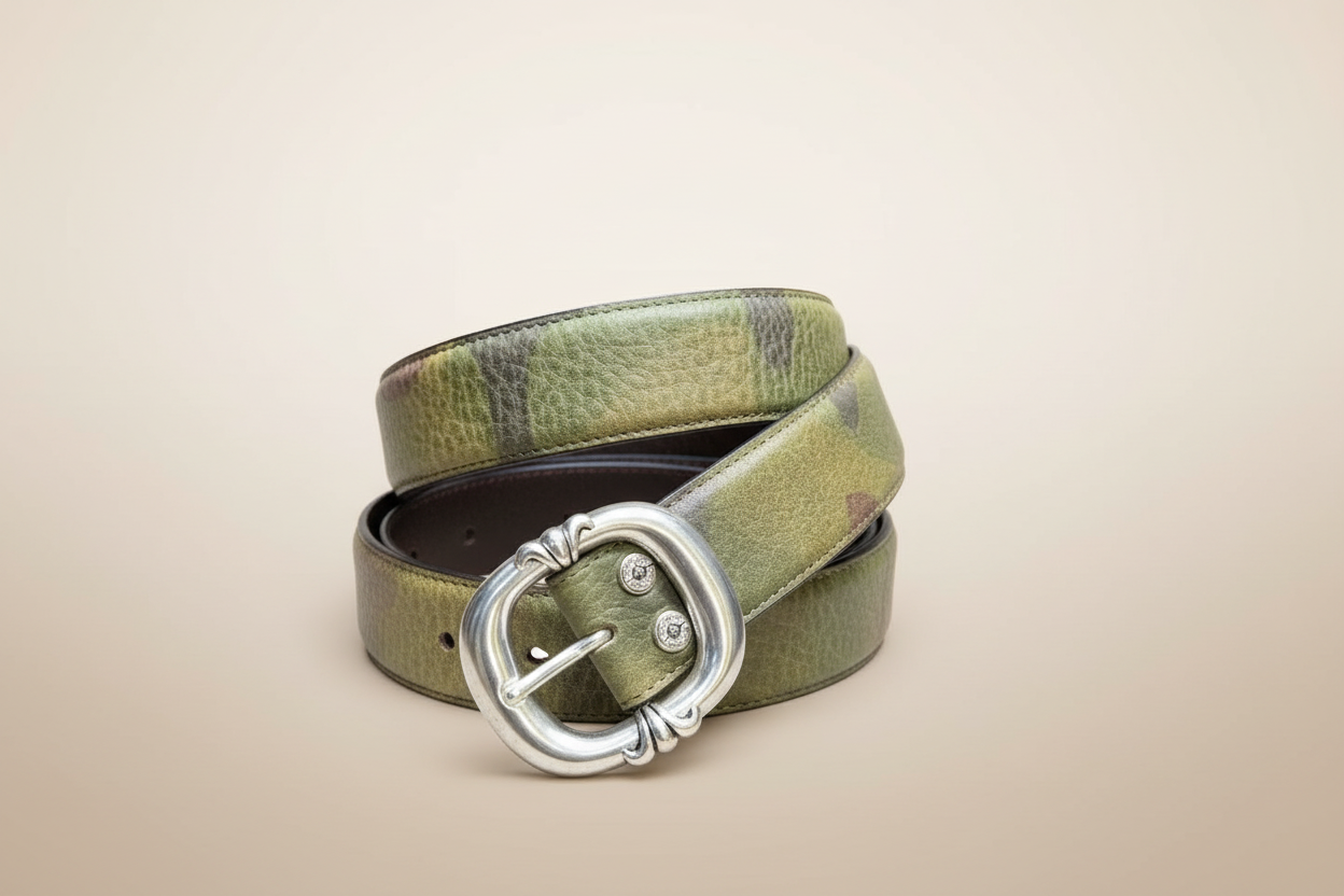 Green chrome  Camouflage Leather ‘Gunslinger’ .925 Silver Belt