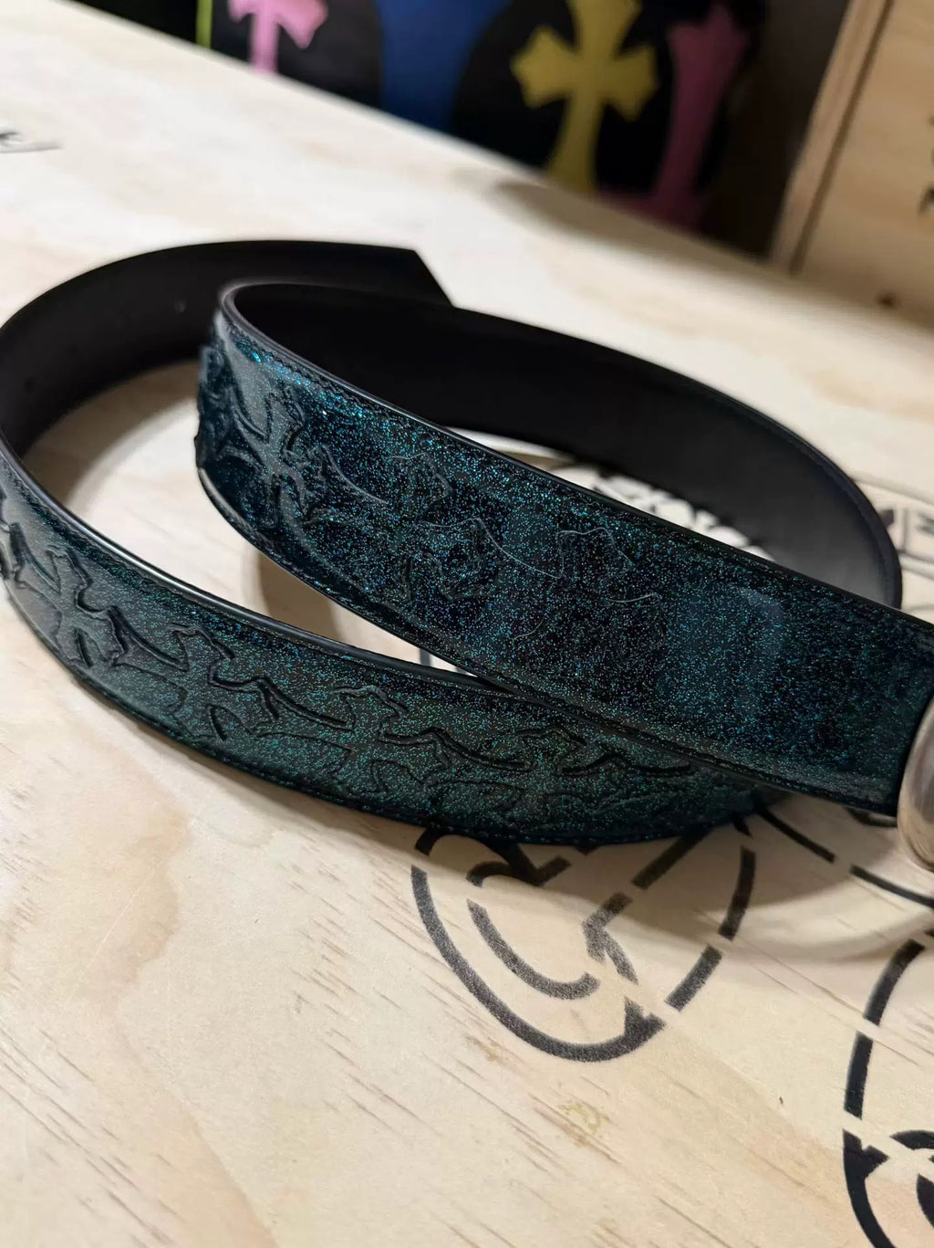 Archive blue patent  Chrome Leather belt