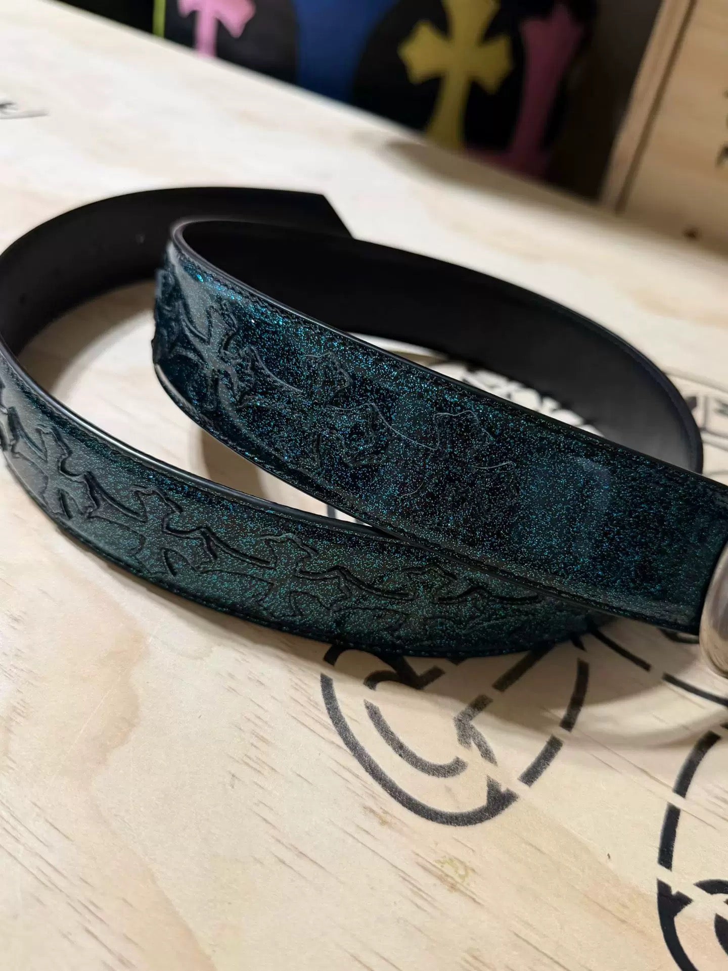 Archive blue patent  Chrome Leather belt
