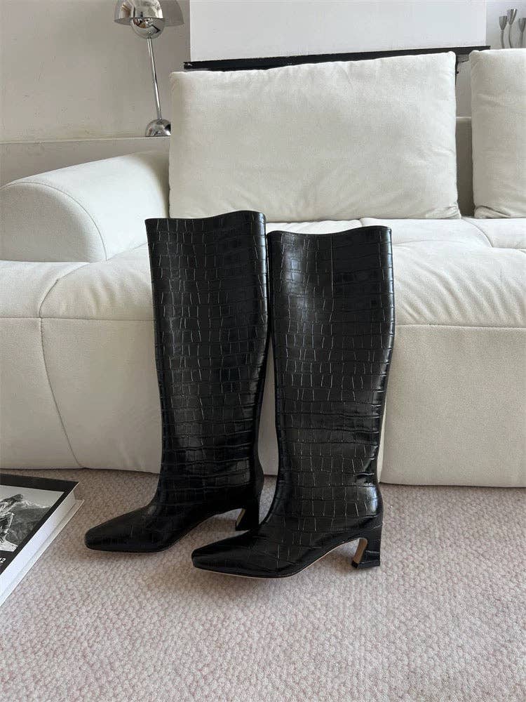 Crocodile-Embossed Leather Knee-High Boots