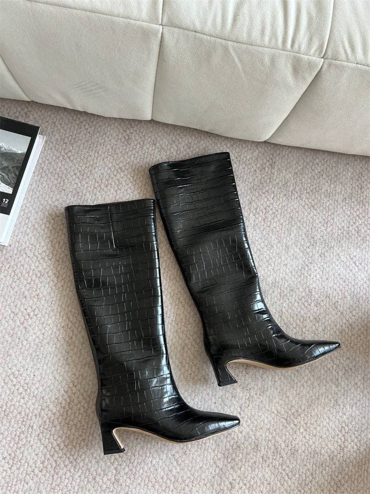 Crocodile-Embossed Leather Knee-High Boots