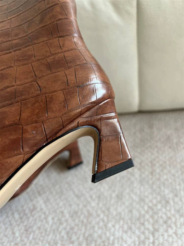 Crocodile-Embossed Leather Knee-High Boots