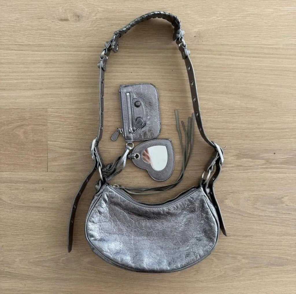 Metallic Silver Moto Shoulder Bag w/ Heart Mirror Charm