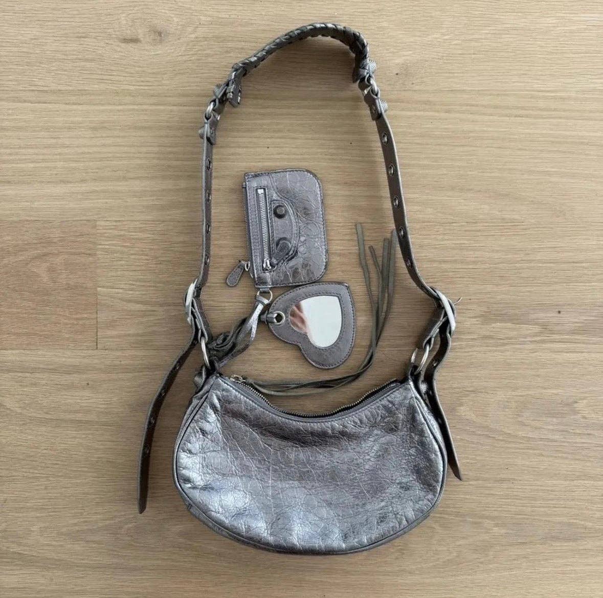 Metallic Silver Moto Shoulder Bag w/ Heart Mirror Charm