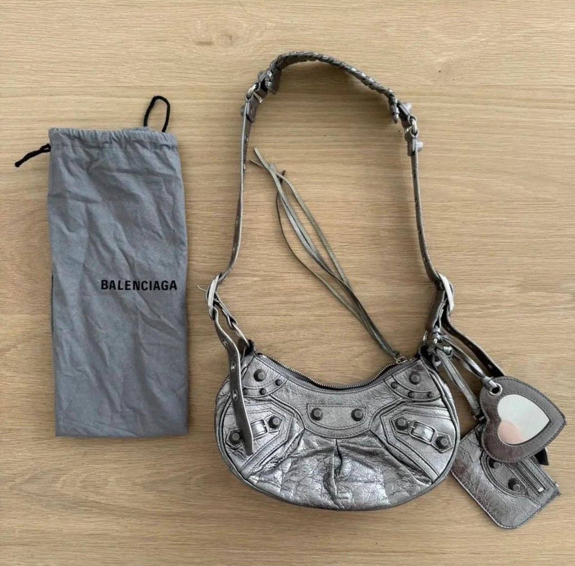 Metallic Silver Moto Shoulder Bag w/ Heart Mirror Charm