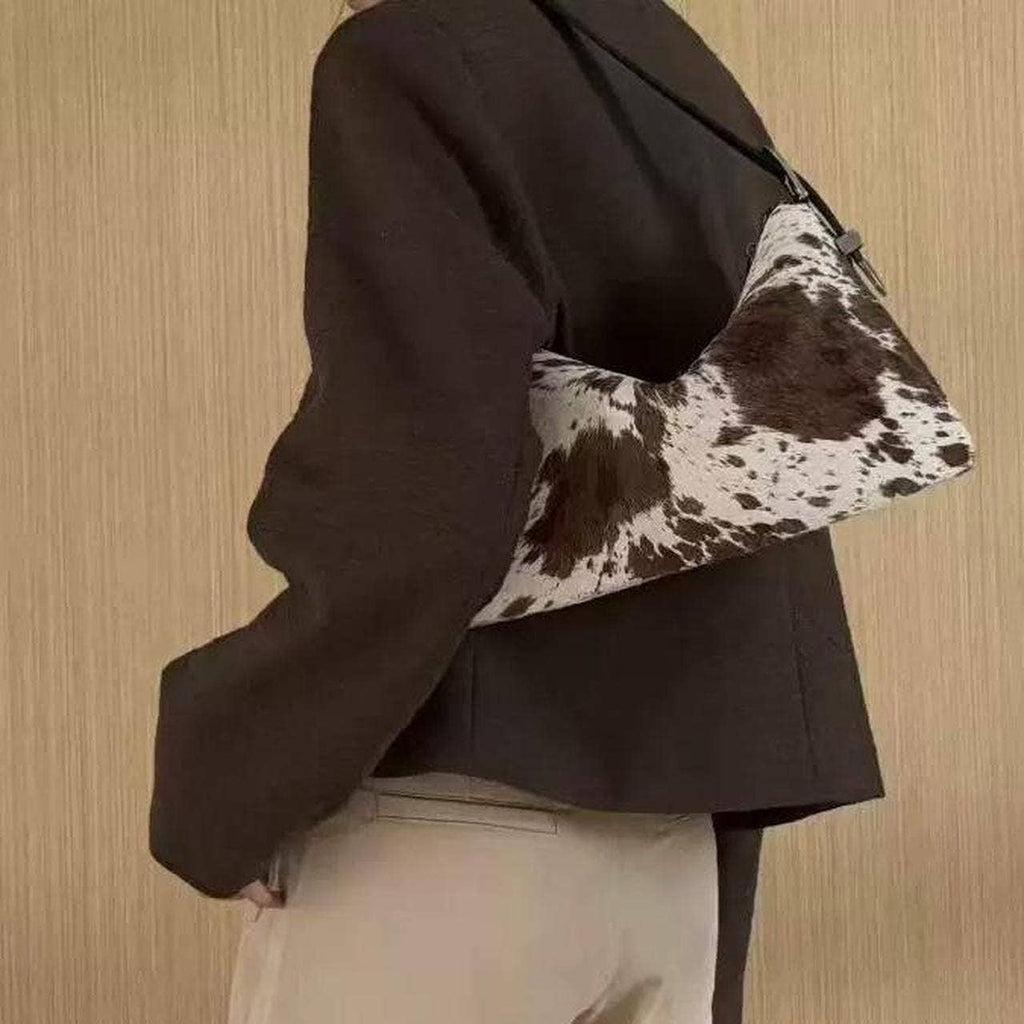 Brown and white cow print shoulder Bags