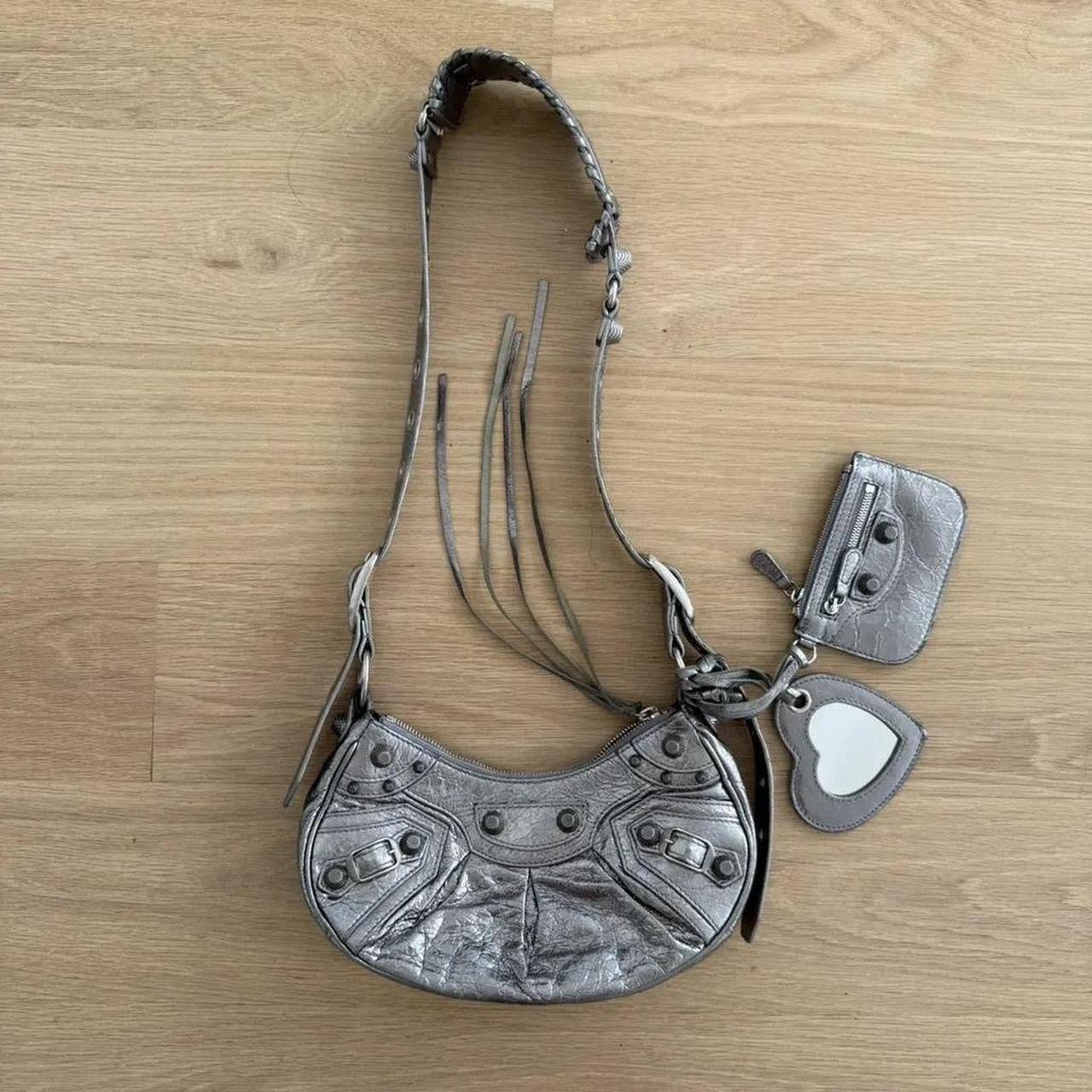 Metallic Silver Moto Shoulder Bag w/ Heart Mirror Charm