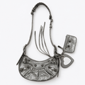 Metallic Silver Moto Shoulder Bag w/ Heart Mirror Charm