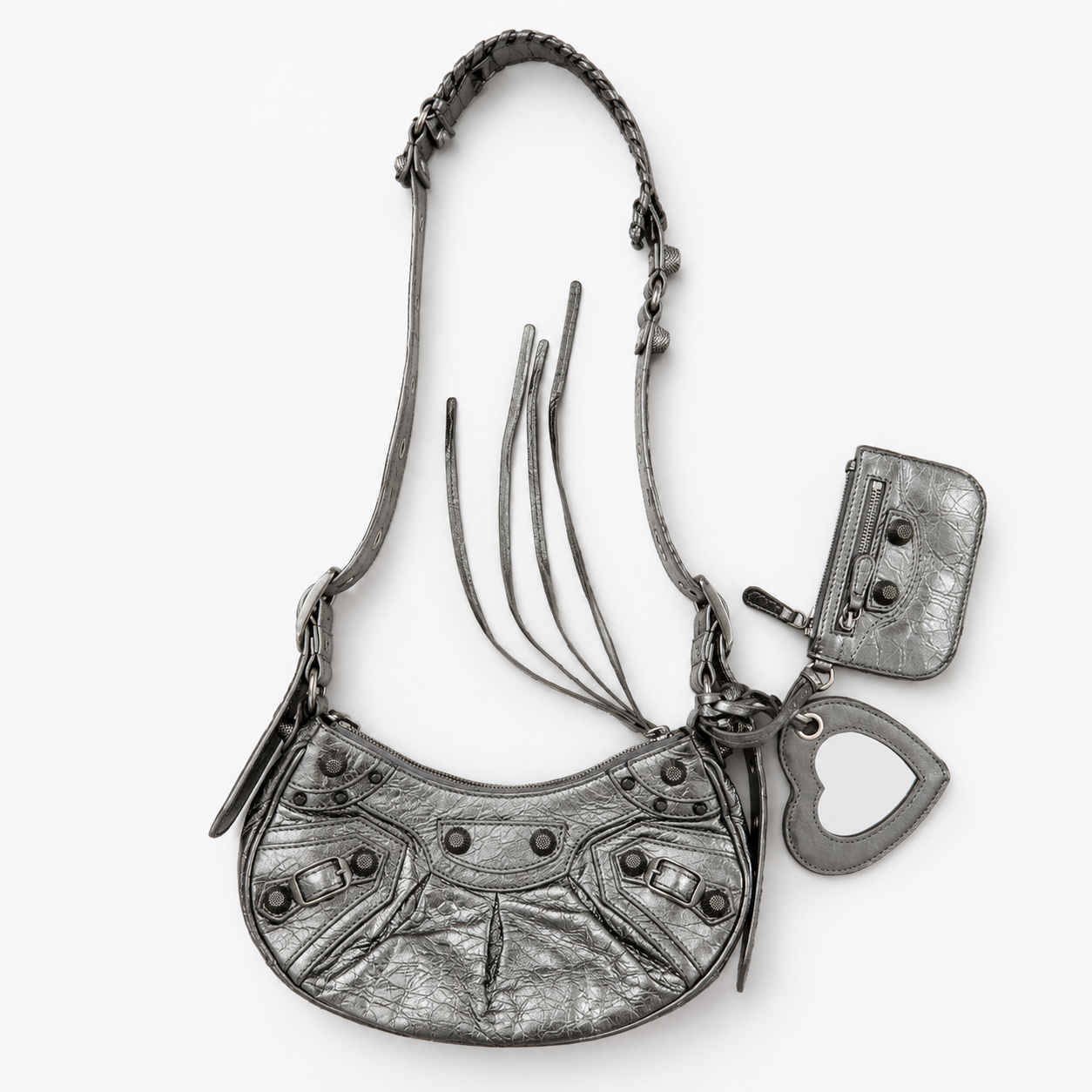 Metallic Silver Moto Shoulder Bag w/ Heart Mirror Charm
