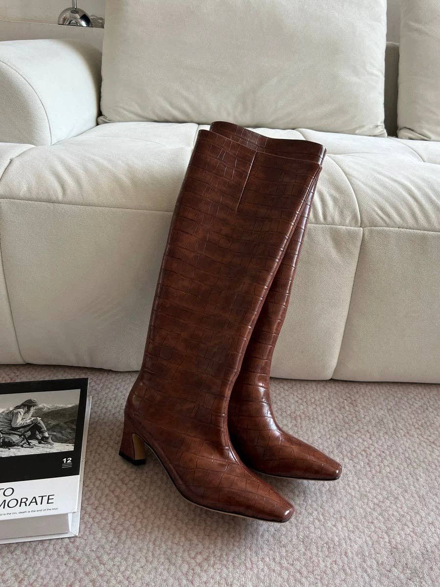 Crocodile-Embossed Leather Knee-High Boots