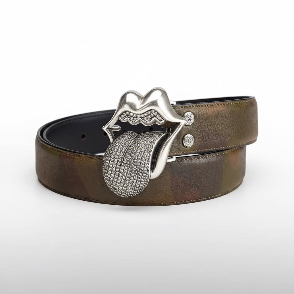 Chrome hearts iced rolling stone tounge lip  belt