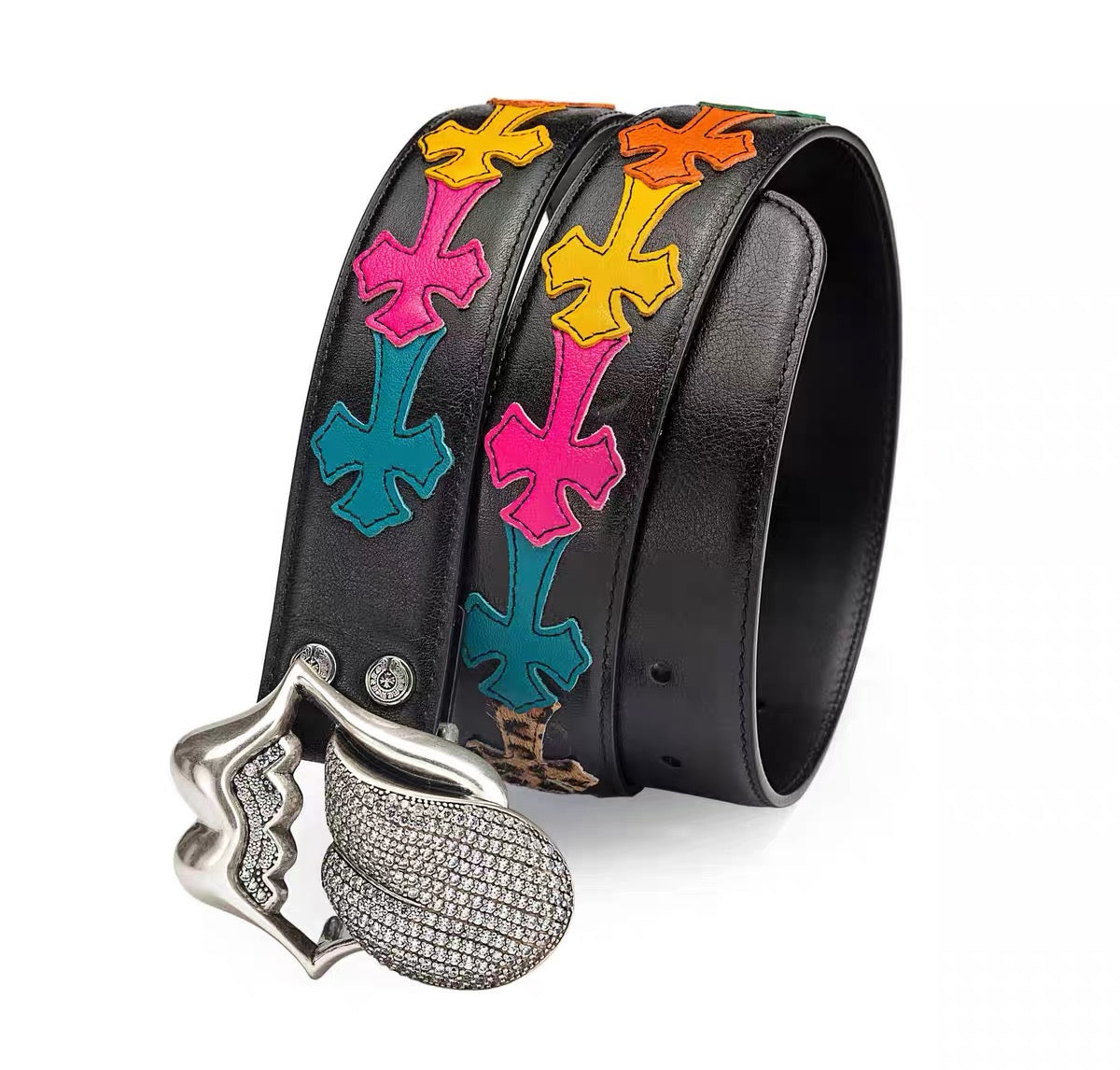 Chrome hearts iced rolling stone tounge lip  belt