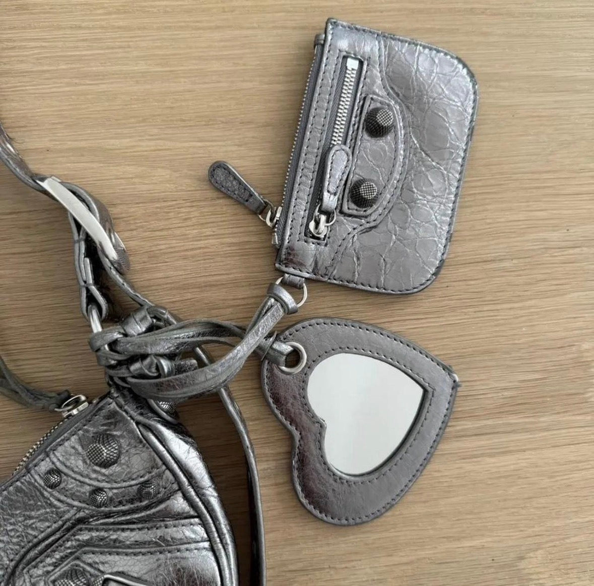 Metallic Silver Moto Shoulder Bag w/ Heart Mirror Charm