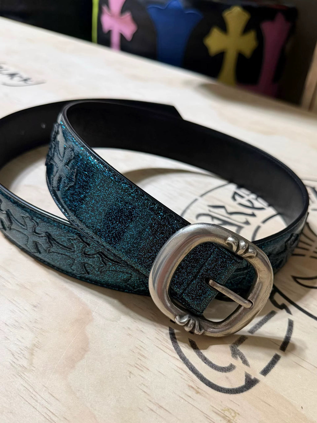 Archive blue patent  Chrome Leather belt