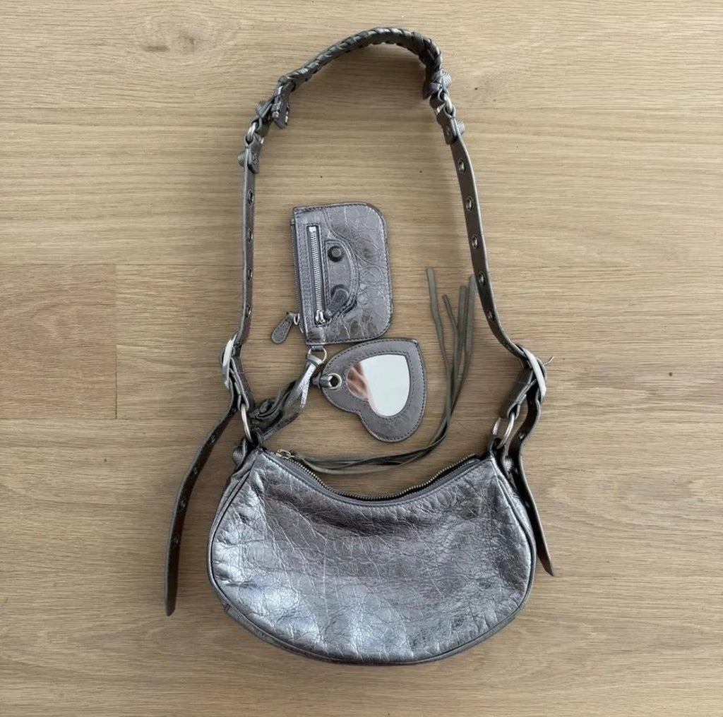 Metallic Silver Moto Shoulder Bag w/ Heart Mirror Charm