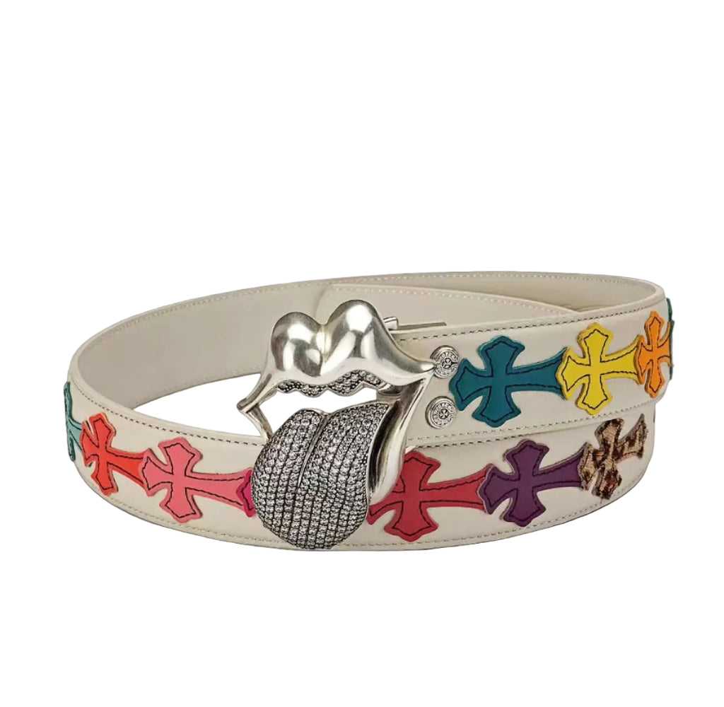 Chrome hearts iced rolling stone tounge lip  belt