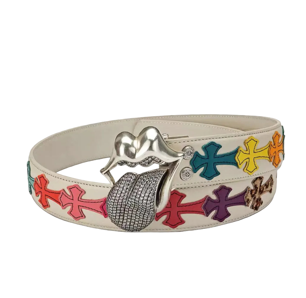 Chrome hearts iced rolling stone tounge lip  belt