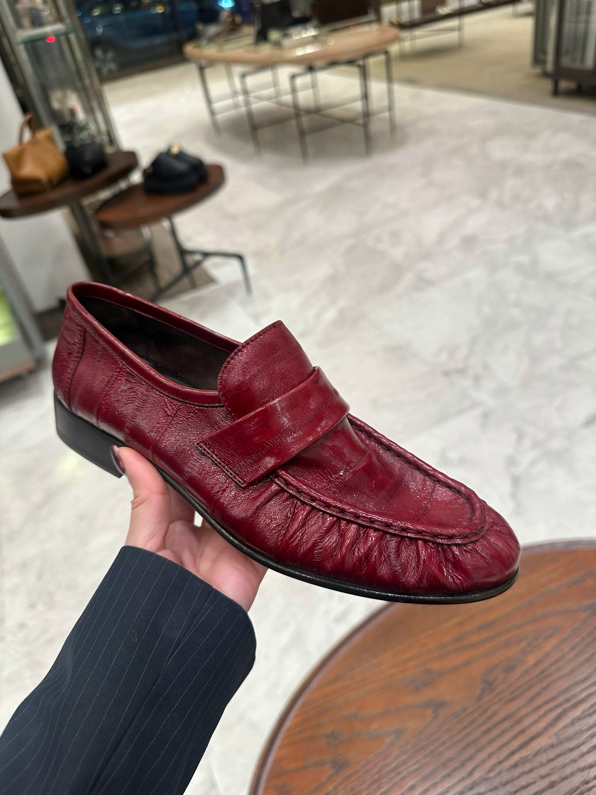 Bordeaux ruched eel leather loafers — side profile