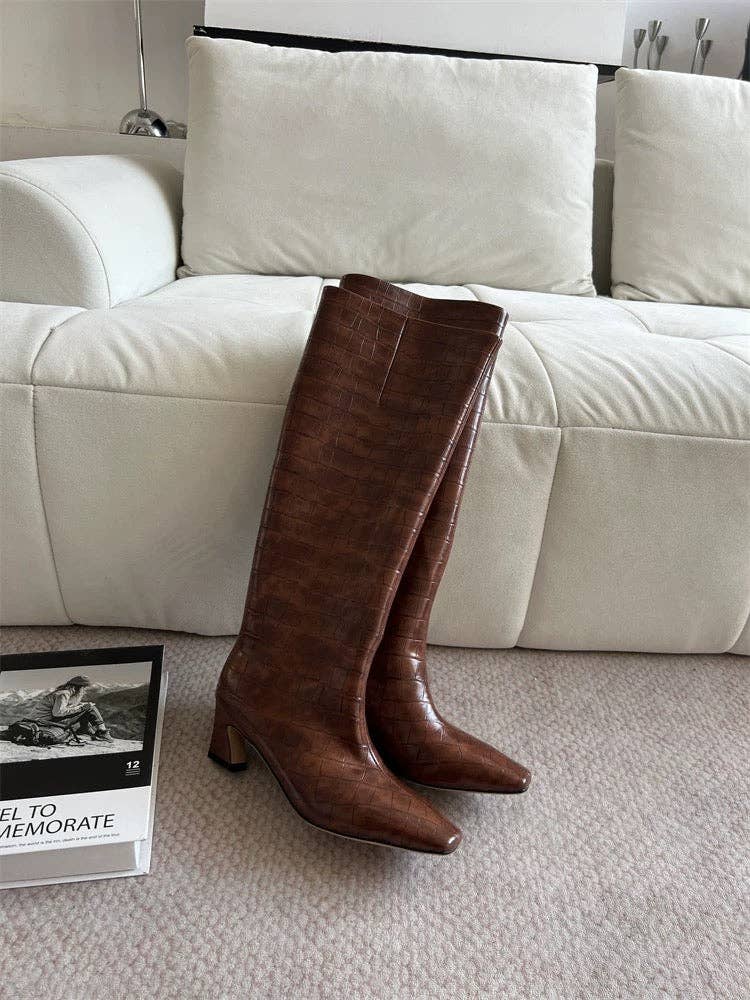 Crocodile-Embossed Leather Knee-High Boots