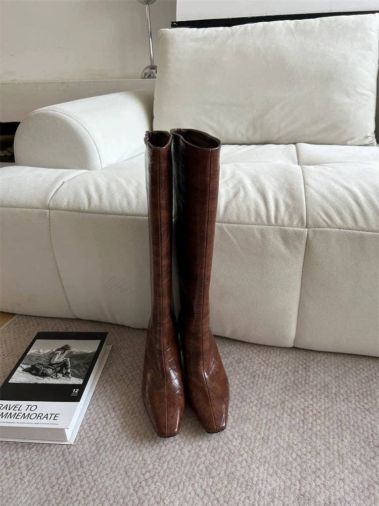 Crocodile-Embossed Leather Knee-High Boots