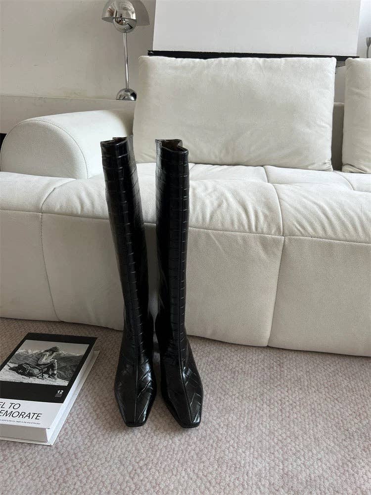 Crocodile-Embossed Leather Knee-High Boots