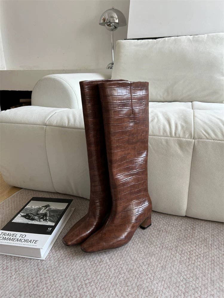 Crocodile-Embossed Leather Knee-High Boots