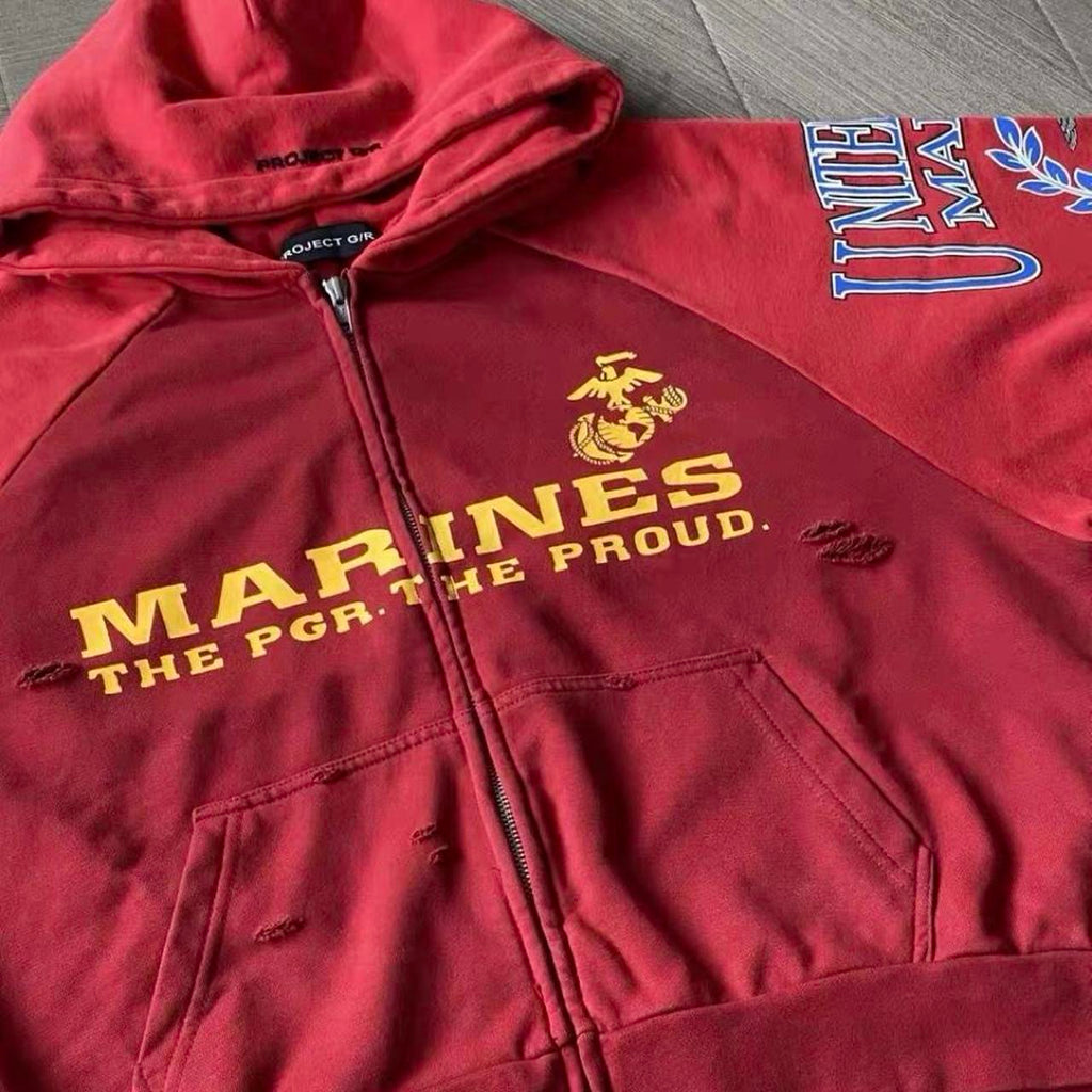 Red distressed zip up hoodie with yellow 'MARINES THE PGR THE PROUD' text and eagle logo #military