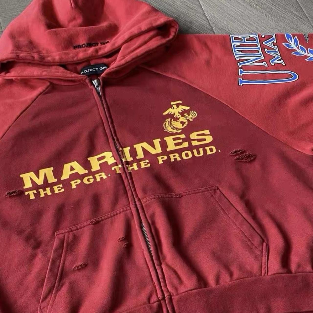 Red distressed zip up hoodie with yellow 'MARINES THE PGR THE PROUD' text and eagle logo #military