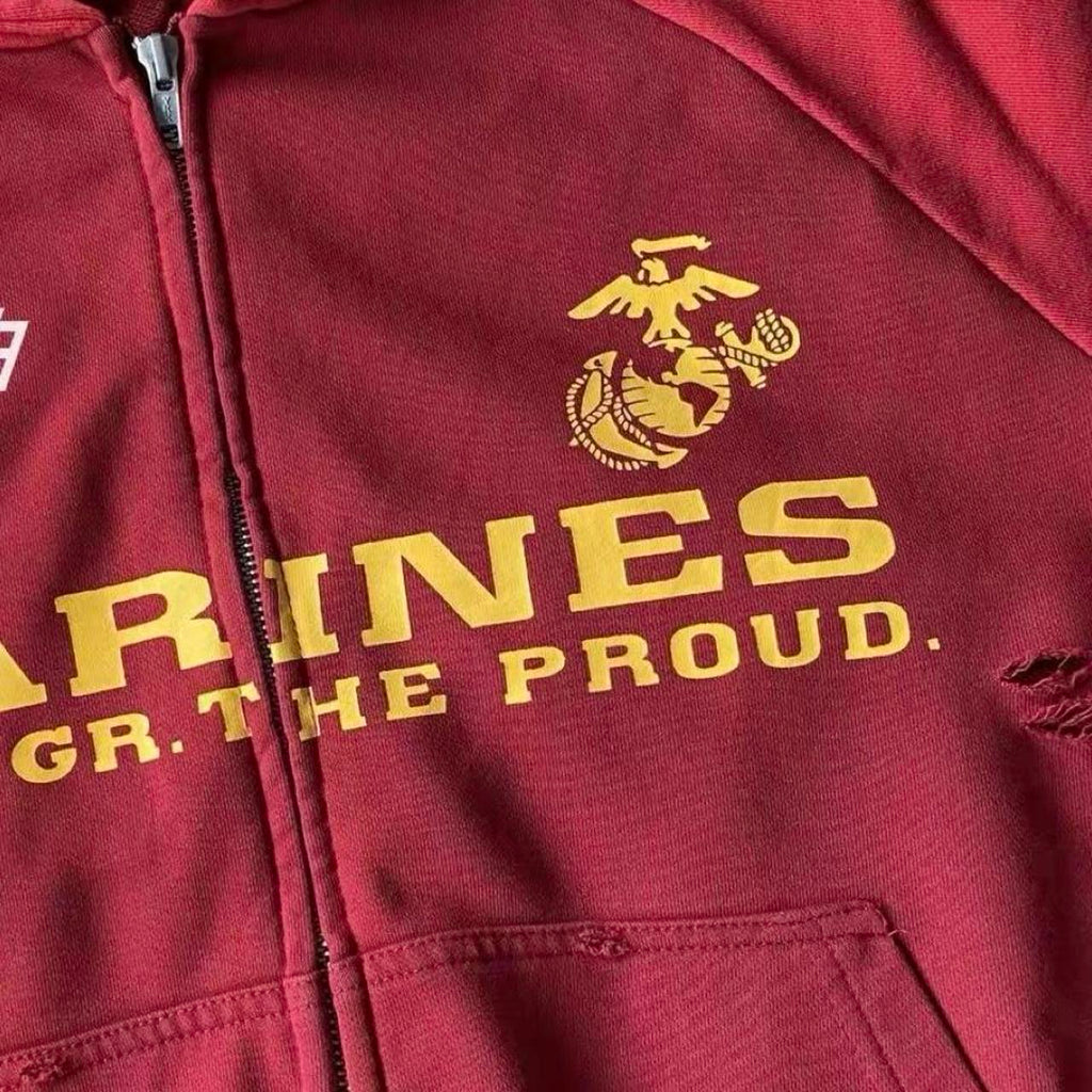 Red distressed zip up hoodie with yellow 'MARINES THE PGR THE PROUD' text and eagle logo #military