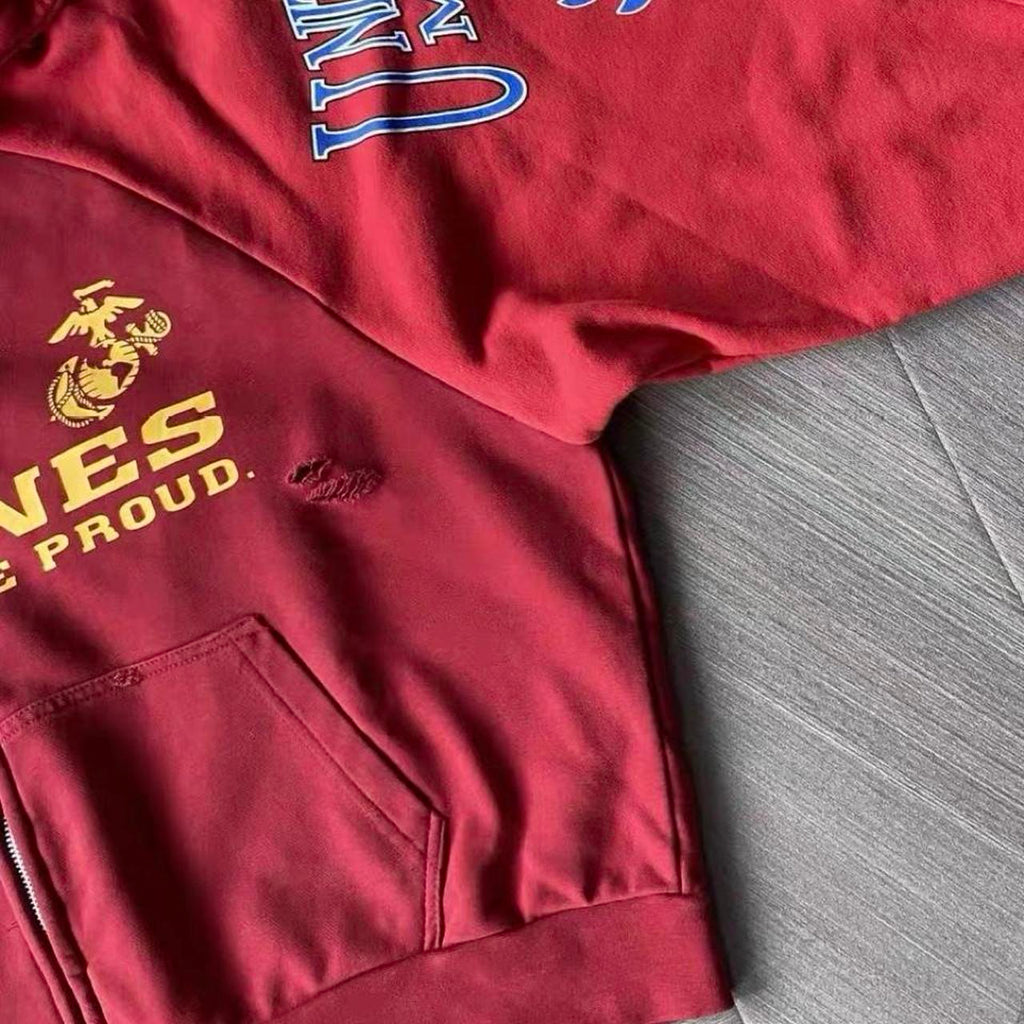 Red distressed zip up hoodie with yellow 'MARINES THE PGR THE PROUD' text and eagle logo #military