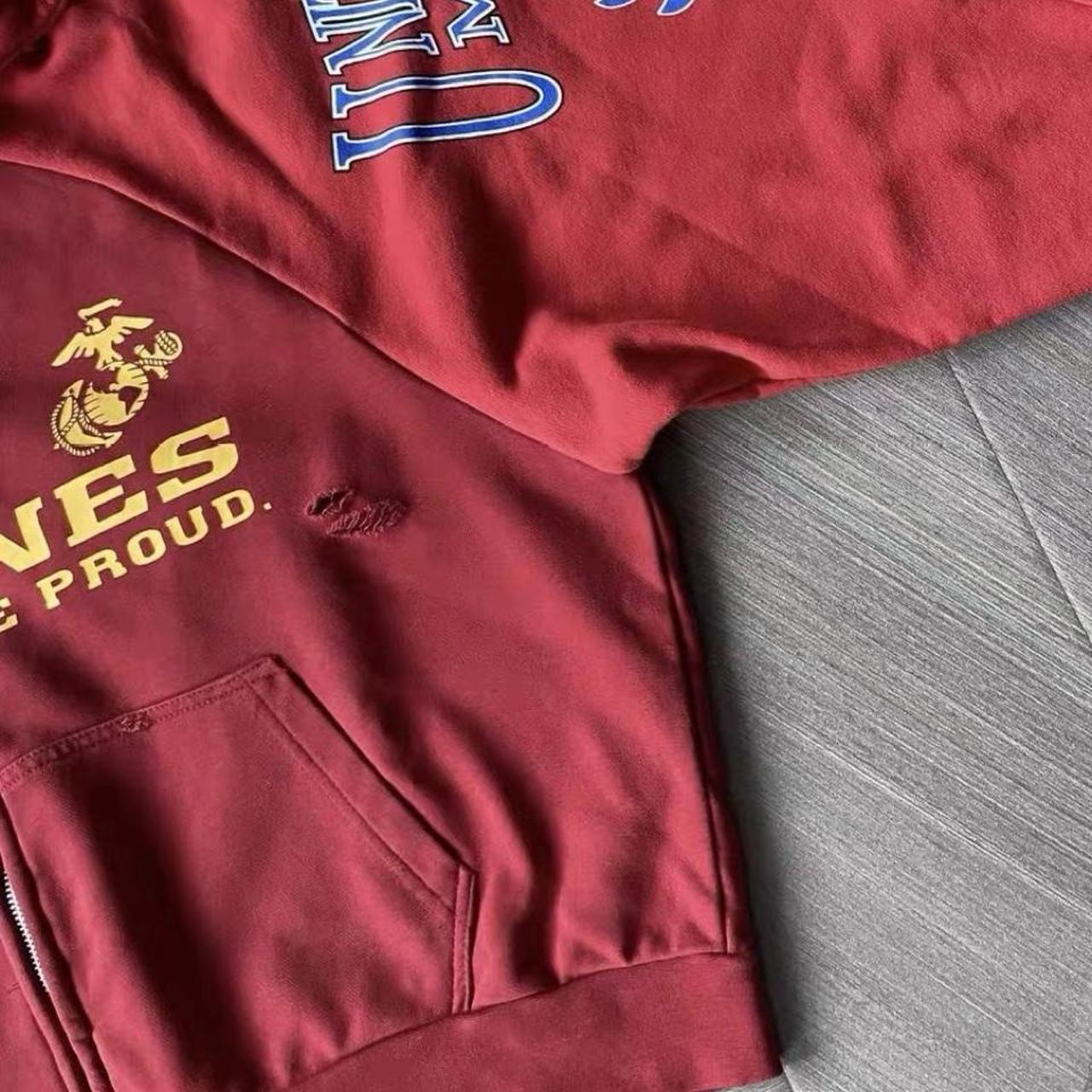 Red distressed zip up hoodie with yellow 'MARINES THE PGR THE PROUD' text and eagle logo #military