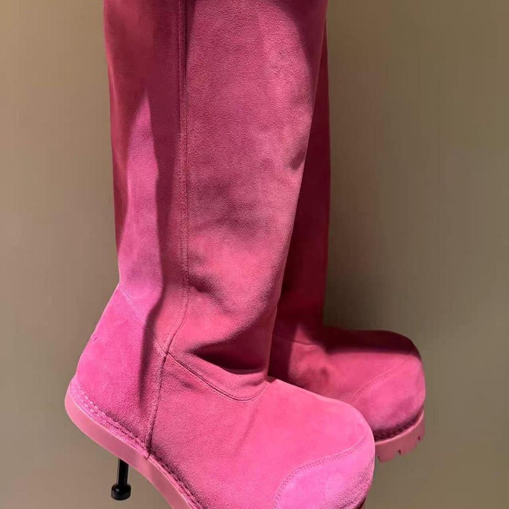 Hot pink faux suede knee-high boots