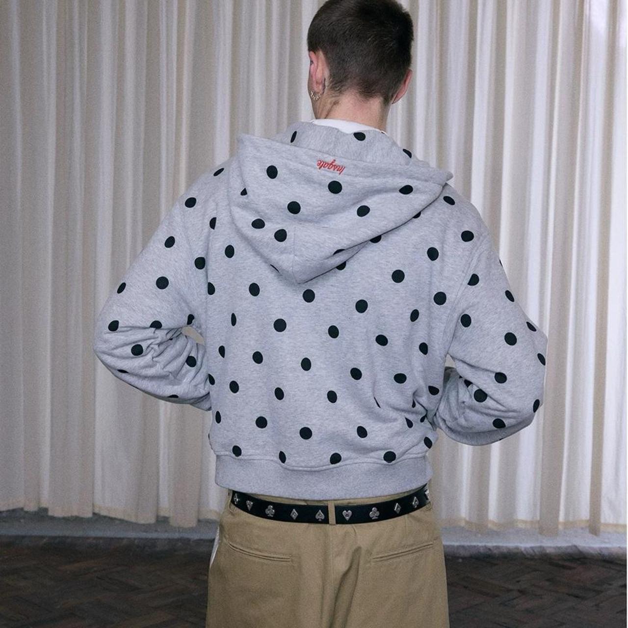 Gray zip up hoodie with black polka dots