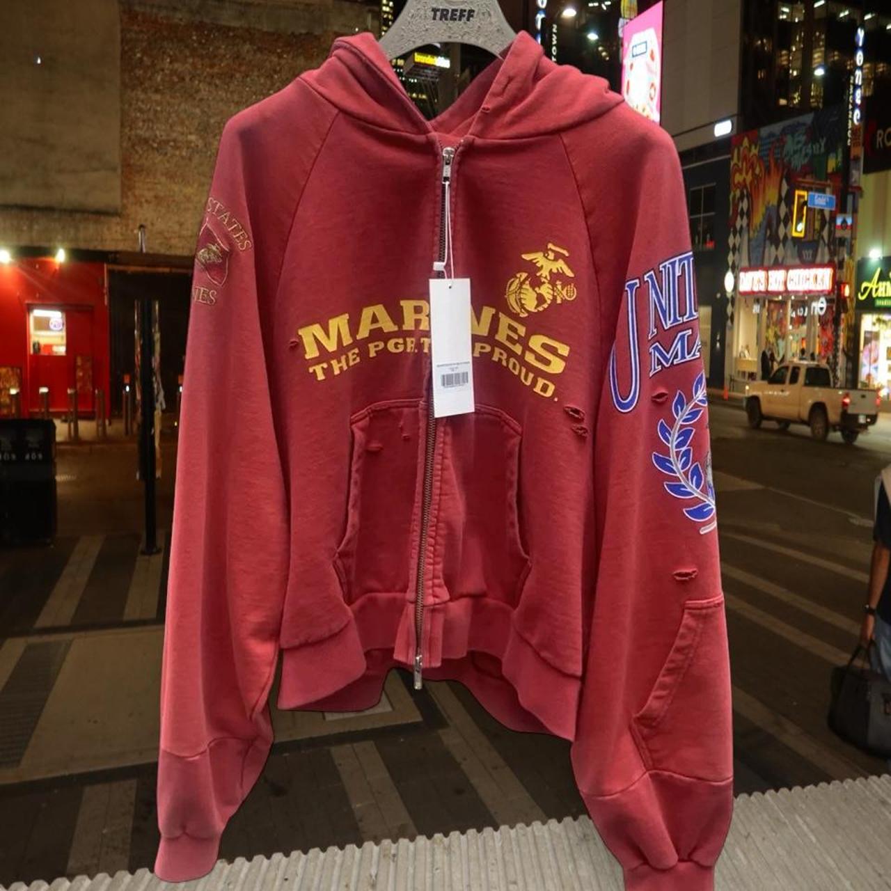 Red distressed zip up hoodie with yellow 'MARINES THE PGR THE PROUD' text and eagle logo #military