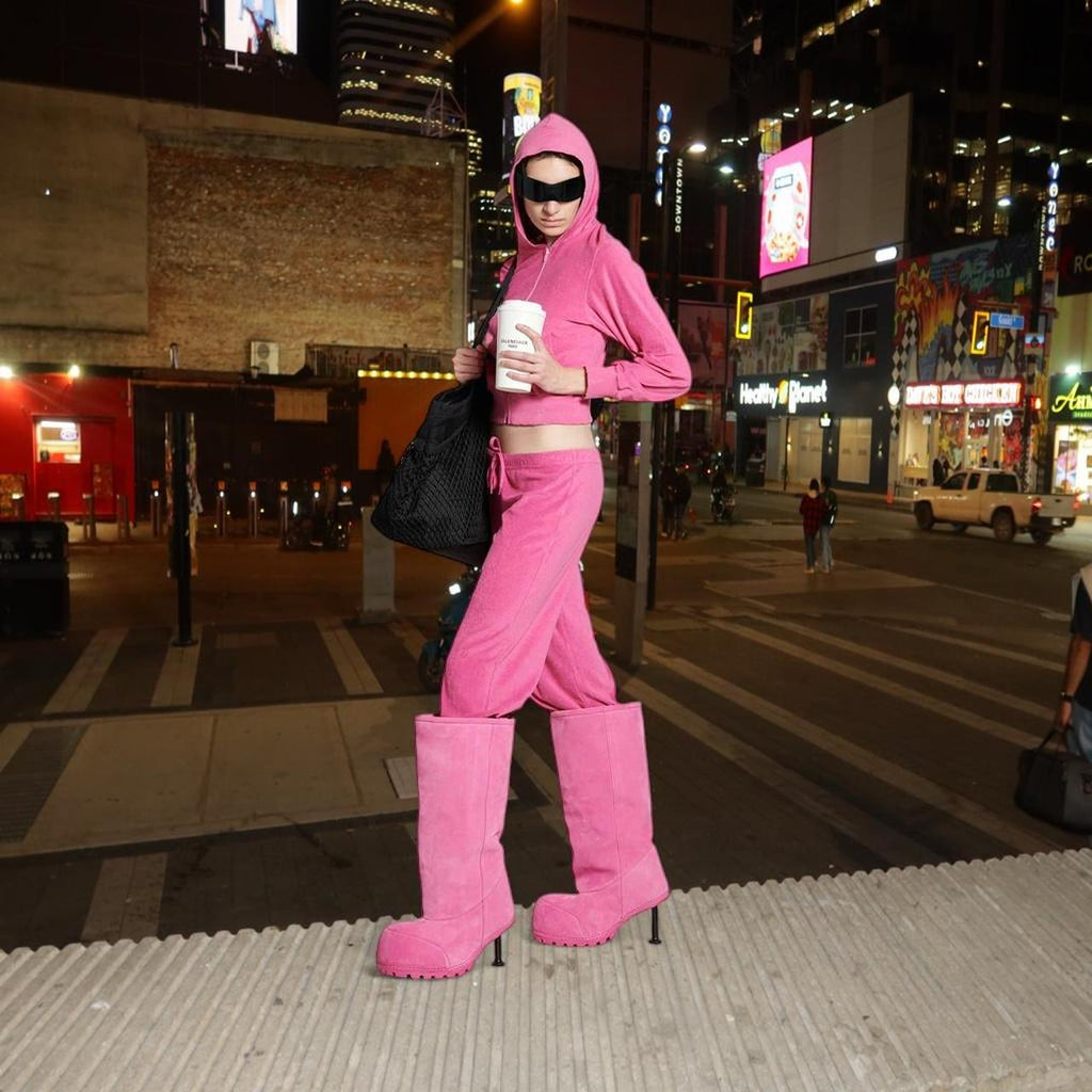 Hot pink faux suede knee-high boots