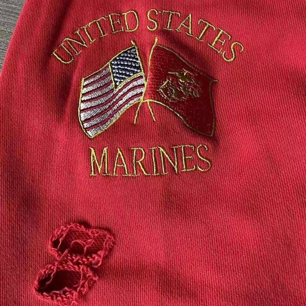 Red distressed zip up hoodie with yellow 'MARINES THE PGR THE PROUD' text and eagle logo #military