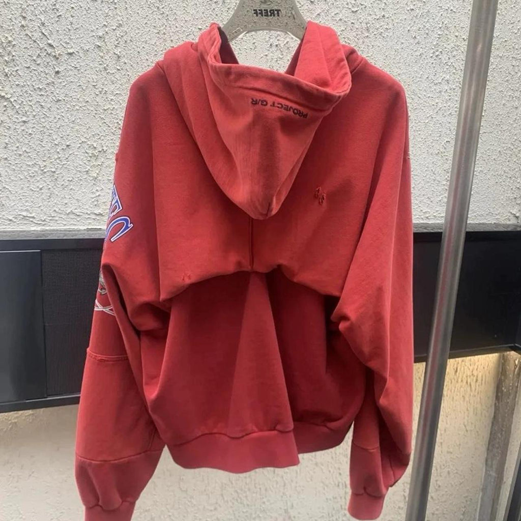 Red distressed zip up hoodie with yellow 'MARINES THE PGR THE PROUD' text and eagle logo #military