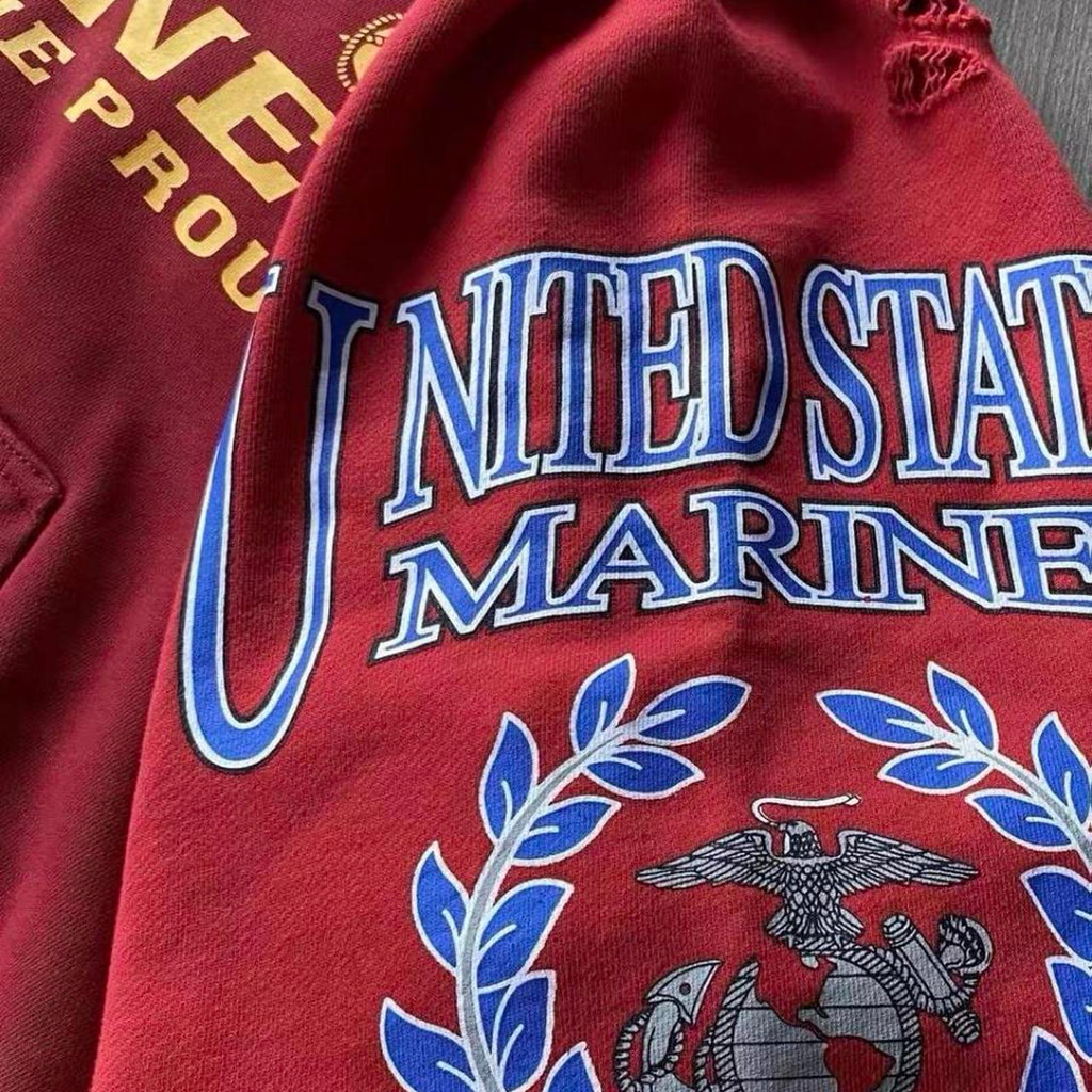 Red distressed zip up hoodie with yellow 'MARINES THE PGR THE PROUD' text and eagle logo #military