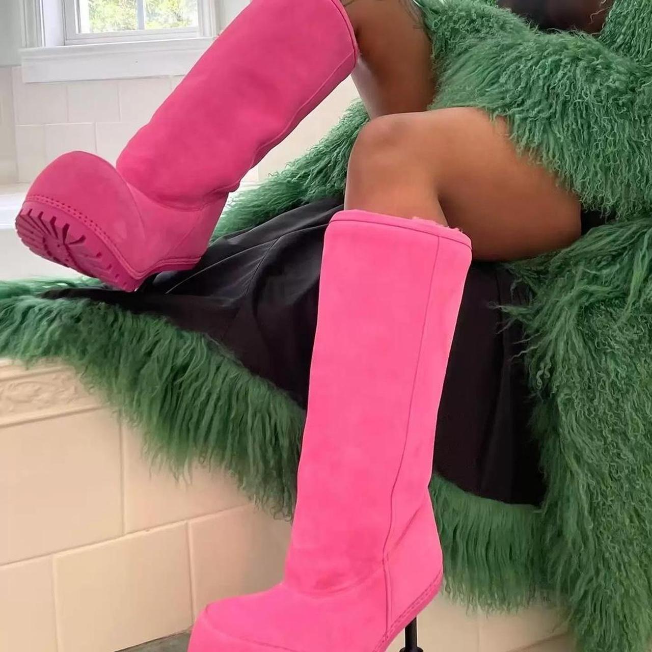 Hot pink faux suede knee-high boots